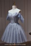 Grey Blue Off Shoulder Short Princess Formal Dress