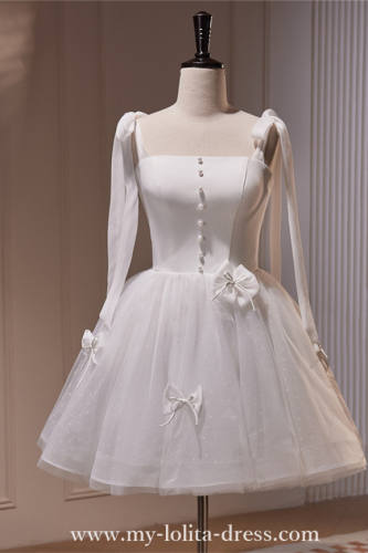 White Tie-up Short Slim Fluffy Princess Formal Dress