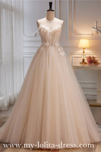 Beige Long Fluffy Princess Prom Dress