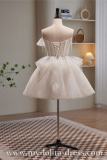 Beige Short Bow Puff Sleeves Princess Prom Dress