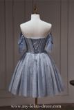 Grey Blue Off Shoulder Short Princess Formal Dress