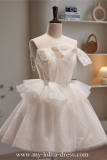 Beige Short Bow Puff Sleeves Princess Prom Dress