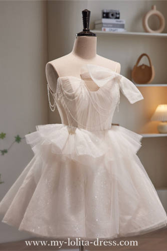 Beige Short Bow Puff Sleeves Princess Prom Dress