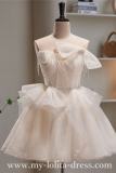 Beige Short Bow Puff Sleeves Princess Prom Dress