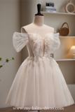 Beige Short Bow Puff Sleeves Princess Prom Dress