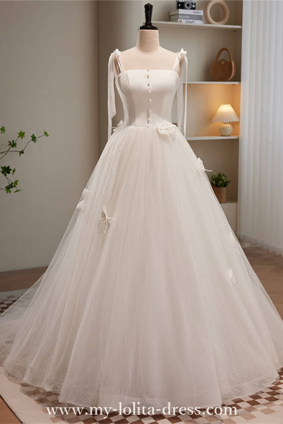 White Tie-up Long Fluffy Princess Prom Dress