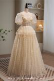 Champagne Long Fluffy Princess Prom Dress