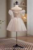 Beige Short Bow Puff Sleeves Princess Prom Dress