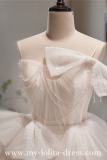 Beige Short Bow Puff Sleeves Princess Prom Dress