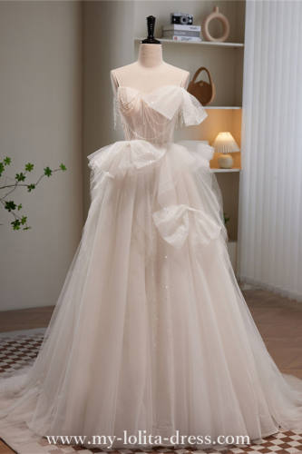 White Bow Long Fluffy Princess Prom Dress