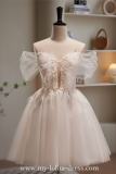 Beige Short Bow Puff Sleeves Princess Prom Dress