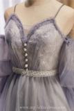 Light Grey Tiered Sleeves Fluffy Princess Formal Dress