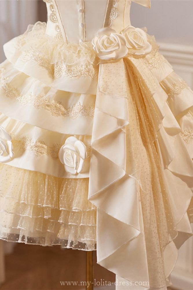 Champagne Tiered Roses Princess Prom Dress