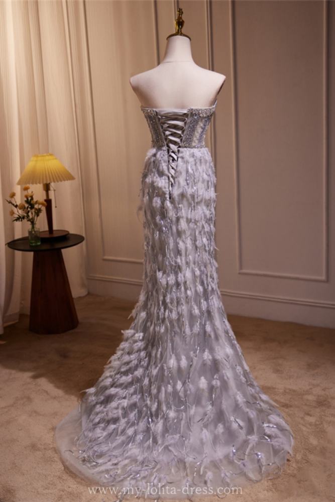 Hand-Made Grey Feathers Slim Princess Prom Dress