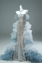 Hand Crafted Blue Tiered Tailing Princess Formal Dress