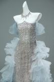 Hand Crafted Blue Tiered Tailing Princess Formal Dress