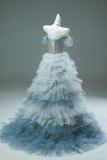 Hand Crafted Blue Tiered Tailing Princess Formal Dress