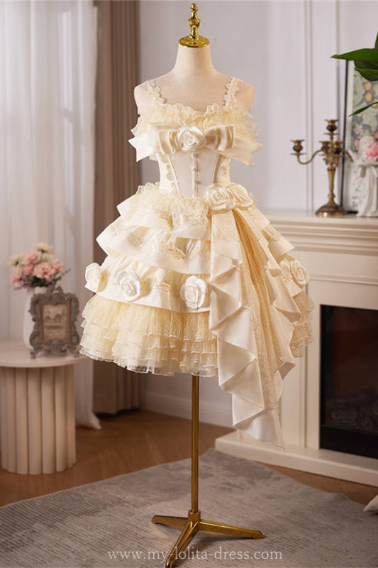 Champagne Tiered Roses Princess Prom Dress