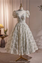 Retro Green Mesh Flowers Princess Prom Dress
