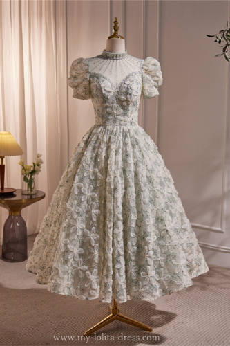 Retro Green Mesh Flowers Princess Prom Dress