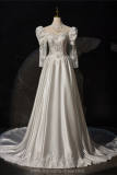 White Retro Printed Tailing Princess Prom Dress