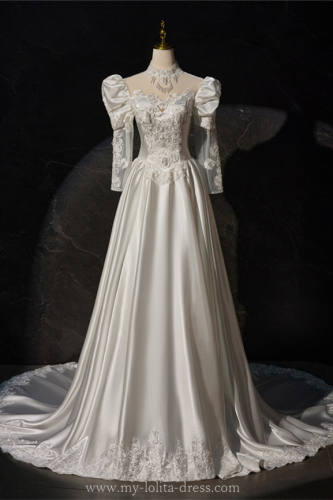 White Retro Printed Tailing Princess Prom Dress