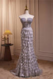 Hand-Made Grey Feathers Slim Princess Prom Dress