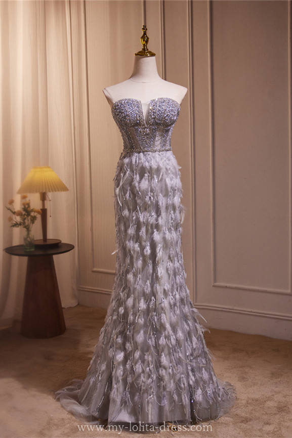 Hand-Made Grey Feathers Slim Princess Prom Dress