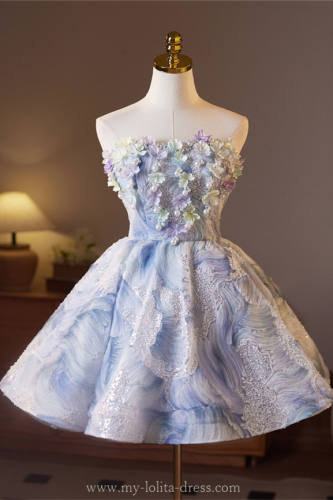 Hand Made Short Sequins and Flowers Princess Prom Dress