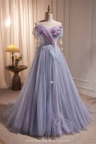 Blue Purple Flowers Butterflies Fluffy Princess Prom Dress