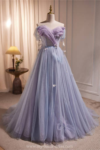 Blue Purple Flowers Butterflies Fluffy Princess Prom Dress