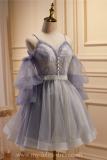 Light Grey Tiered Sleeves Fluffy Princess Formal Dress