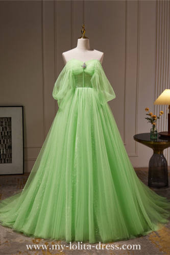 Light Green Off Shoulder Fluffy Princess Prom Dress