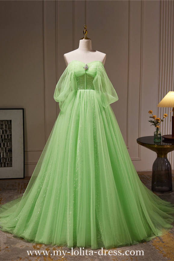 Light Green Off Shoulder Fluffy Princess Prom Dress
