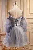 Light Grey Tiered Sleeves Fluffy Princess Formal Dress