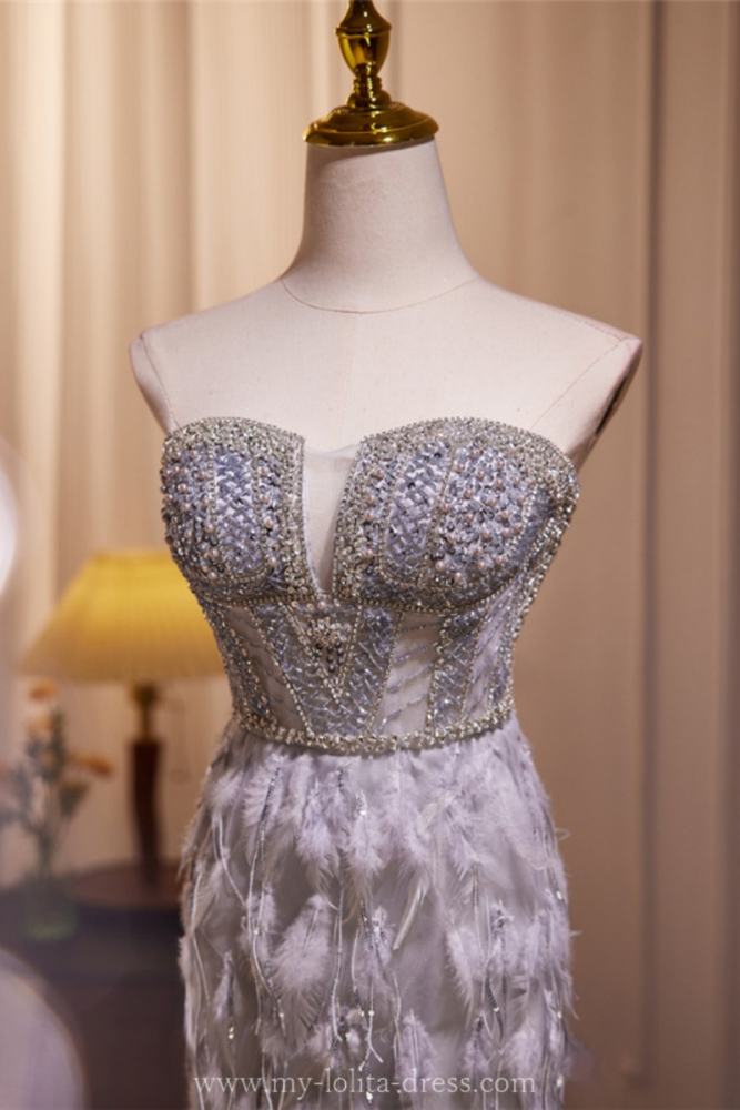 Hand-Made Grey Feathers Slim Princess Prom Dress