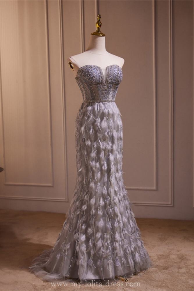 Hand-Made Grey Feathers Slim Princess Prom Dress