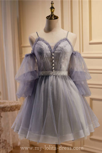 Light Grey Tiered Sleeves Fluffy Princess Formal Dress