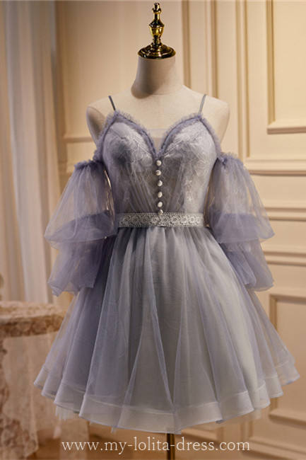 Light Grey Tiered Sleeves Fluffy Princess Formal Dress
