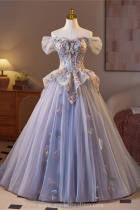 Purple Flowers Slim Fluffy Princess Prom Dress