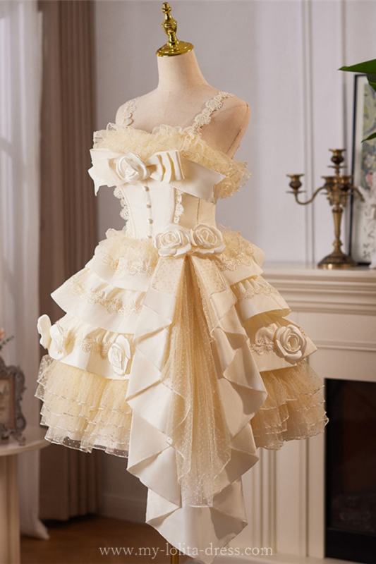 Champagne Tiered Roses Princess Prom Dress