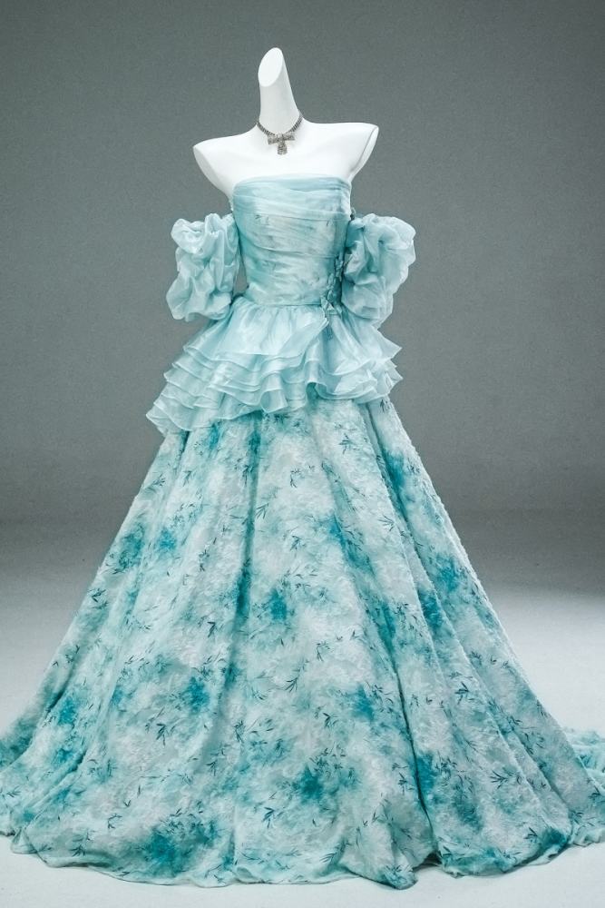 Hand Crafted Sky Blue Printed Tiered Princess Prom Dress