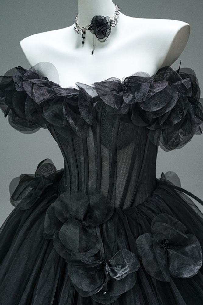 Hand Crafted Black Night Flowers Fluffy Princess Formal Dress