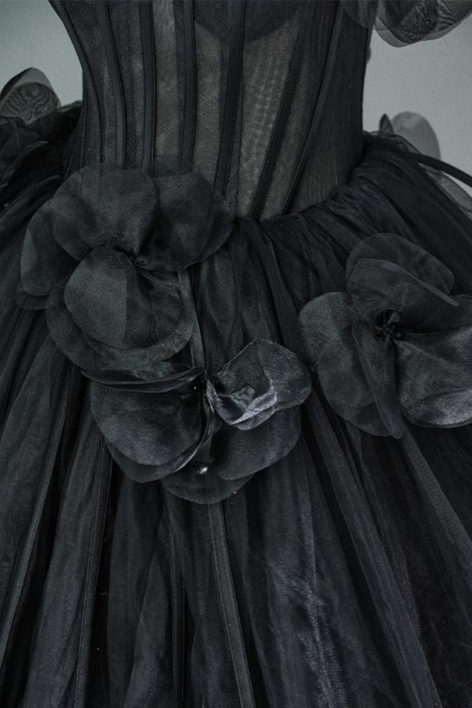 Hand Crafted Black Night Flowers Fluffy Princess Formal Dress