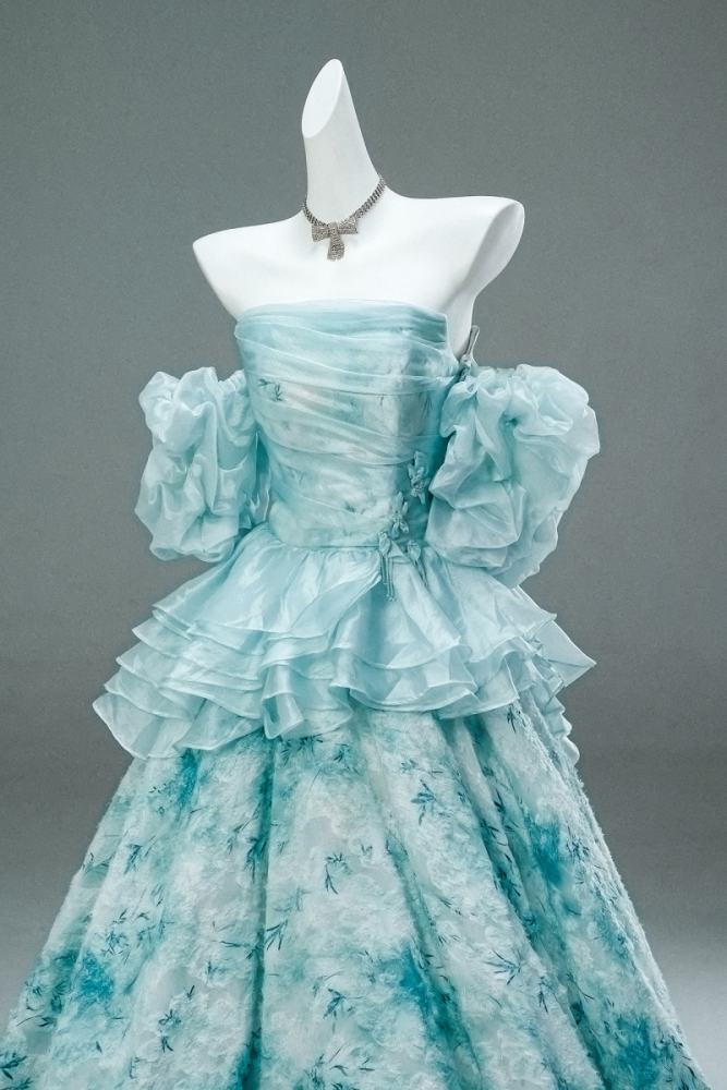Hand Crafted Sky Blue Printed Tiered Princess Prom Dress