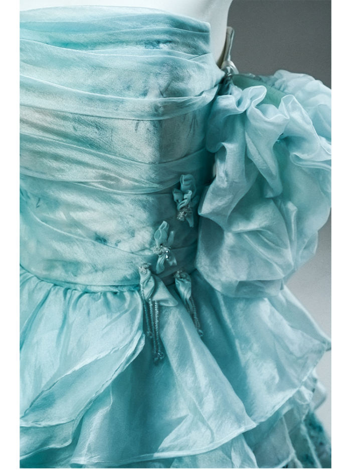 Hand Crafted Sky Blue Printed Tiered Princess Prom Dress