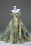 Hand Crafted Yellow Green Mixed Flowers Fluffy Princess Formal Dress