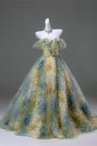 Hand Crafted Yellow Green Mixed Flowers Fluffy Princess Formal Dress