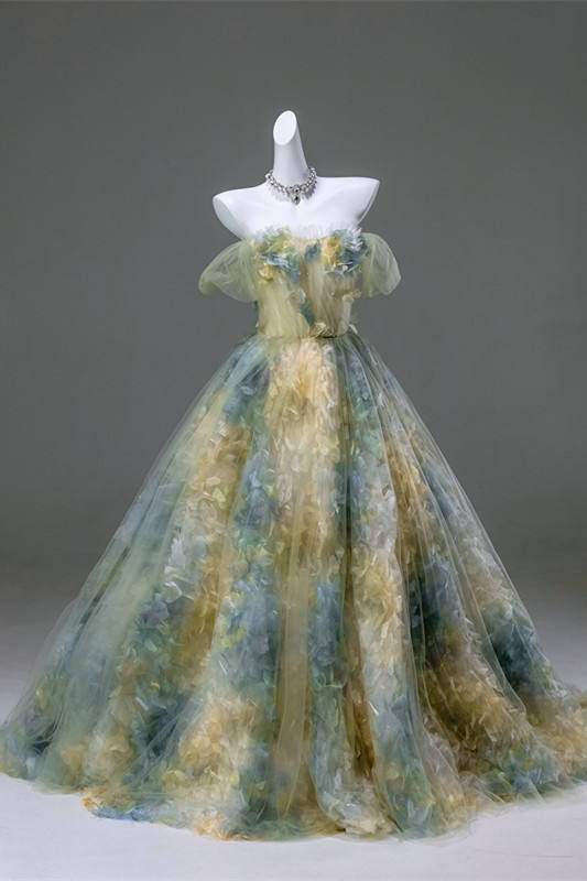 Hand Crafted Yellow Green Mixed Flowers Fluffy Princess Formal Dress