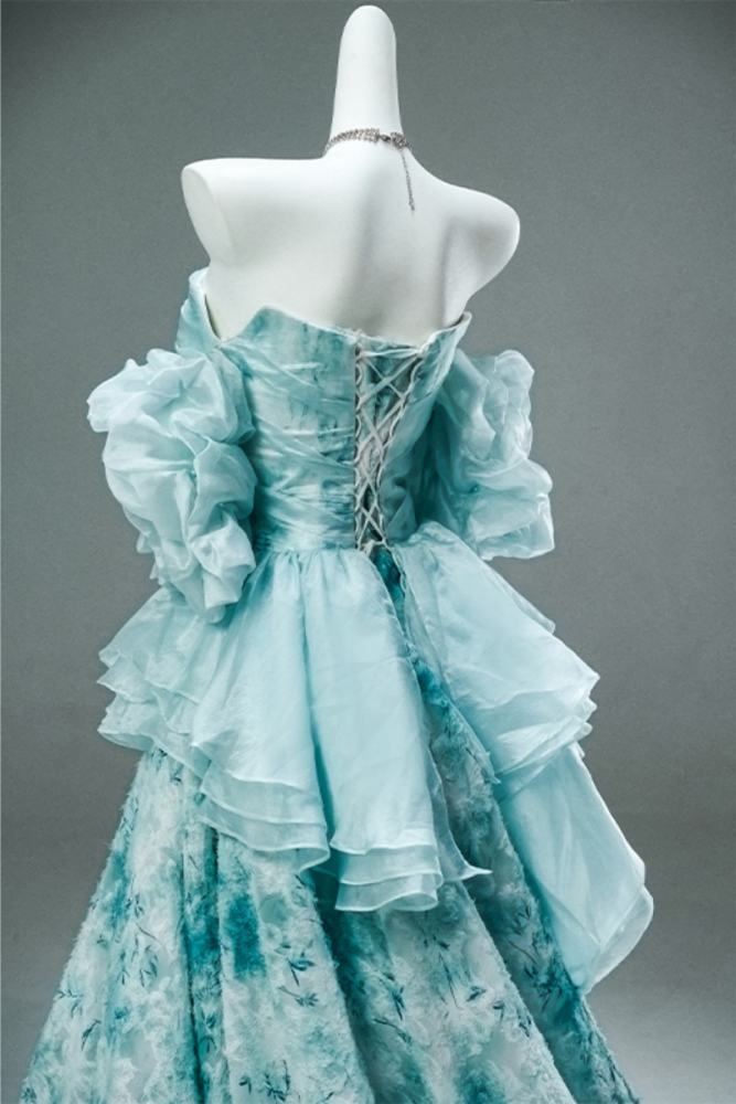 Hand Crafted Sky Blue Printed Tiered Princess Prom Dress